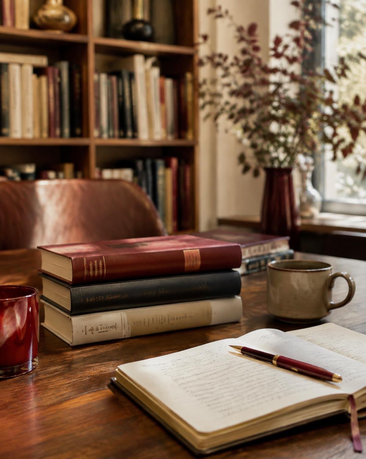 Livros e caderno de anotações sobre uma mesa de estudo